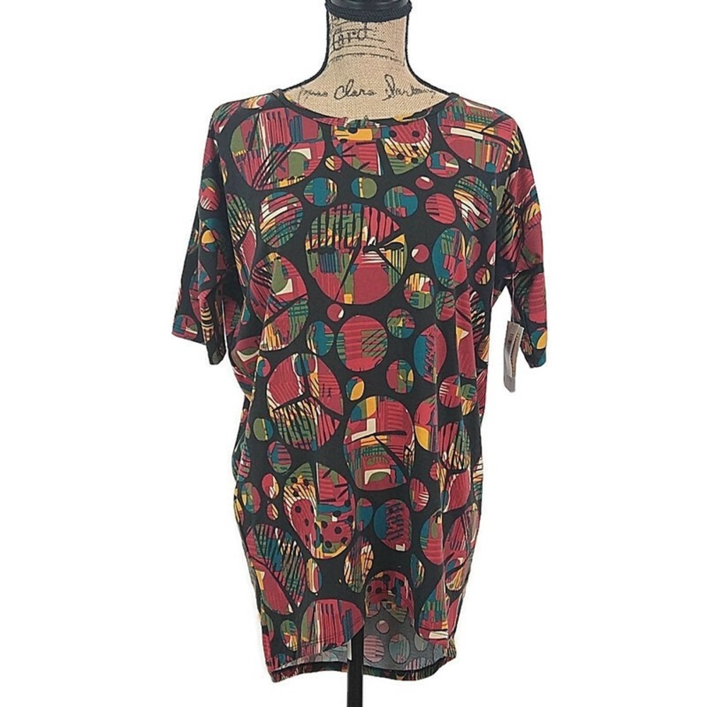 NWT LulaRoe Womens sz XXS Irma Top Multicolor Circle Half Sleeve High Low Hem